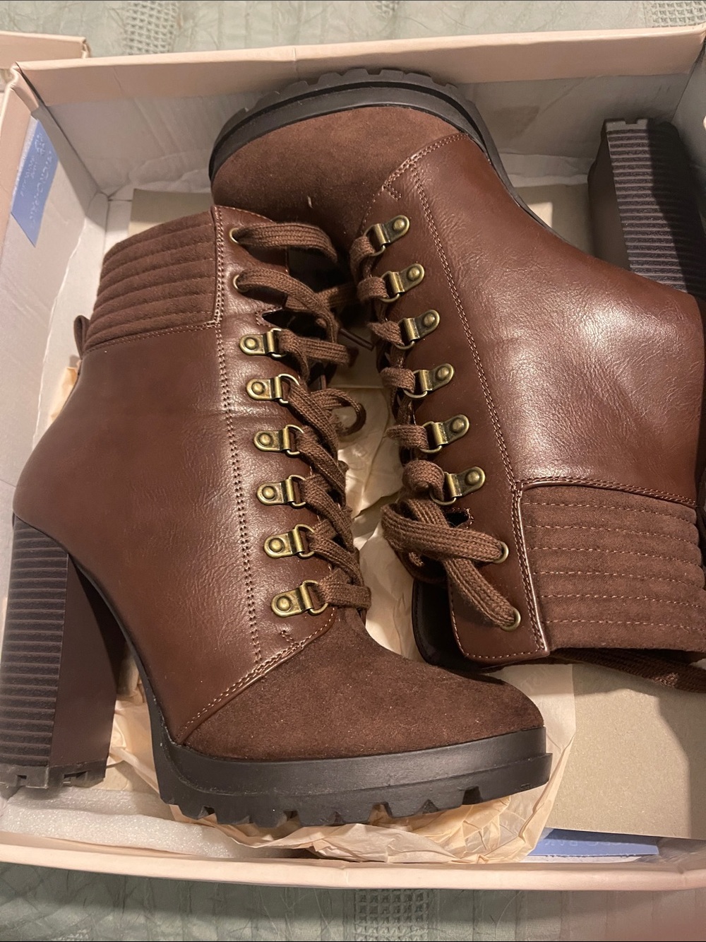 JustFab Brown Lace-Up Block Heel Ankle Boots